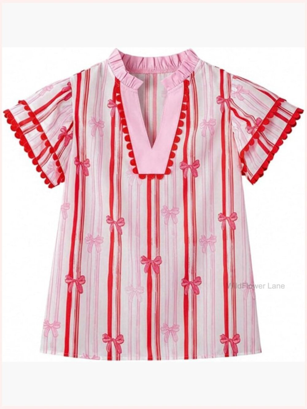 Striped Bow Print Ruffle Sleeve Blouse Notch Neck Dressy Casual Top